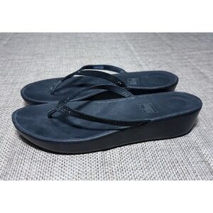 FitFlop Linny Sandals Rock Stud Womens 10 Black‎ Rhinestone Toe Thong Wedge Heel